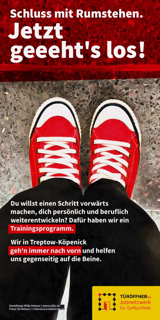 »Jetzt geeeeht´s los« - Flyer für Coaching; auf der Vorderseite zu sehen: auf einer Treppe stehende Beine mit Roten Turnschuhen, aus der Selbst-Perspektive fotografiert